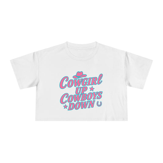 Cowgirl Up Cowboys Down Crop Tee.